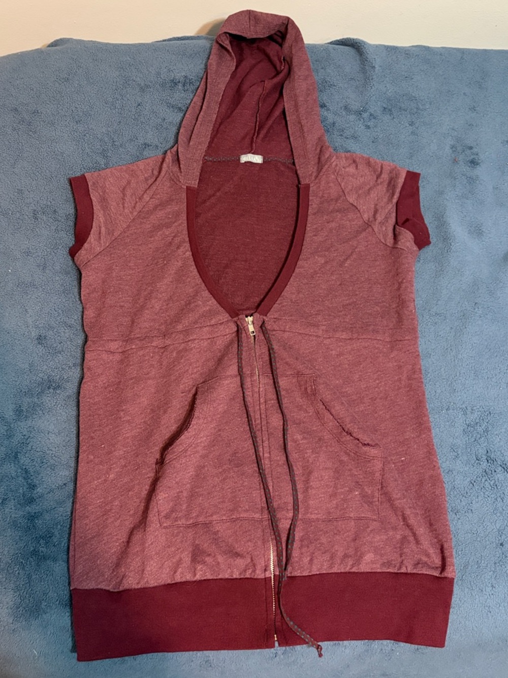 dELiA*s Purple Hooded Zip Short Sleeve Vest Jacket with Teal Dot Trim